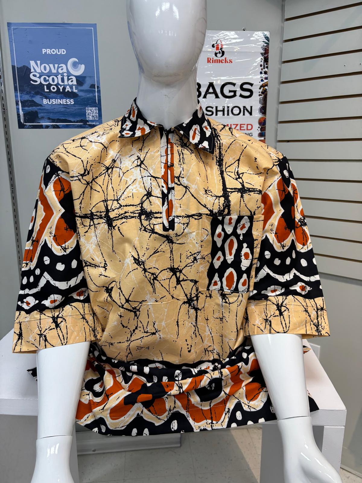 Men’s Ankara Short-Sleeve Shirt – Peach & Crimson Classic
