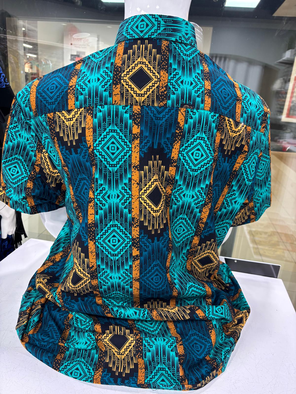 Men’s Ankara Short-Sleeve Shirt – Spiral Grey & Teal Premium - Image 2