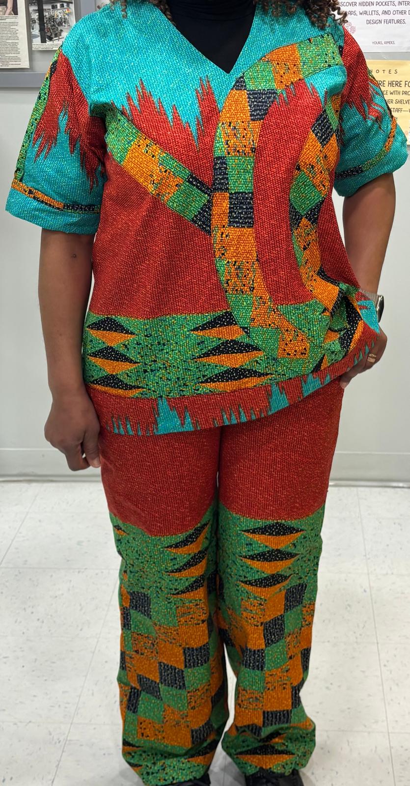 Women’s Ankara Two-Piece Pants Set – Teal & Orange Abstract