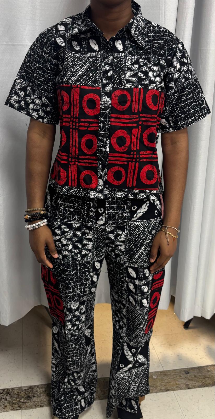 Ankara Two-Piece Pants Set – Onyx & Crimson Abstract